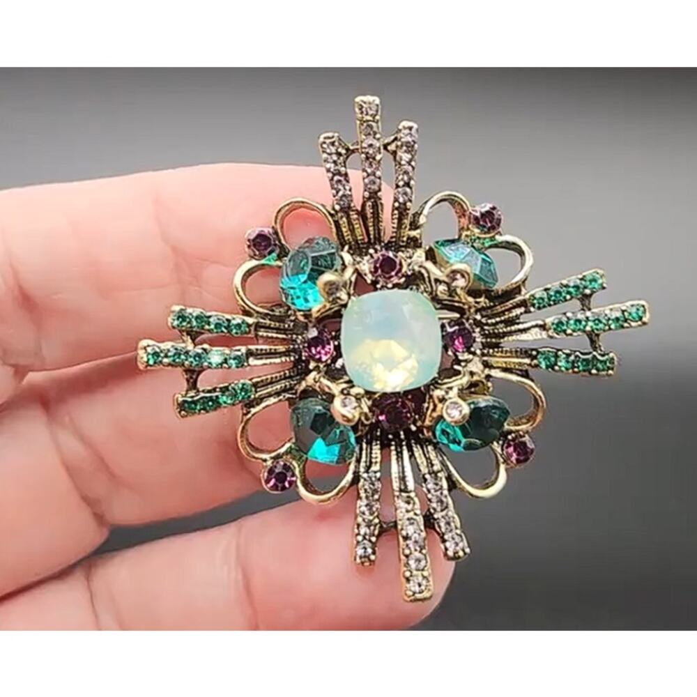 Elegant Cross Shaped Brooch Aqua Green Brown Rhinestones on Gold Tone Metal